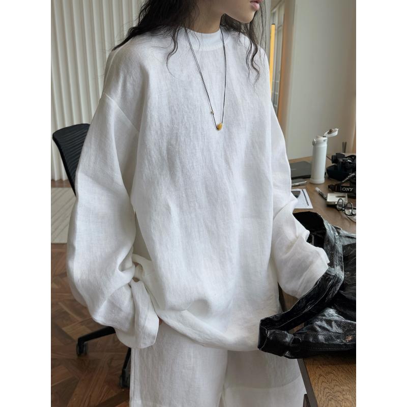 Tシャツ レディース 亜麻 リネン ラウンドネック 長袖 トップス ゆったり 接触冷感 切り替え ホワイト ワインレッド