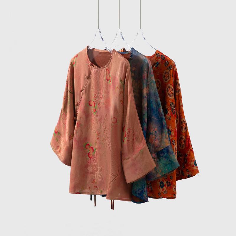 Tシャツ レディース 桑蚕糸  長袖 ラウンドネック プルオーバー トップス ゆったり プリント オレンジ系 ピンク系 ブルー系