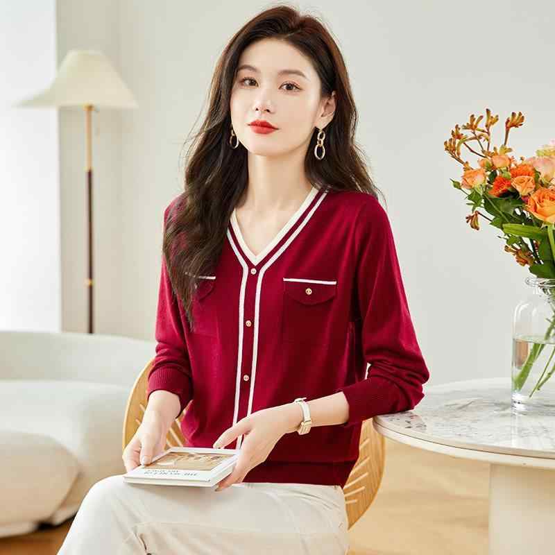 Tシャツ レディース Vネック 長袖 トップス プルオーバー ポリエステル 混紡 ドロップショルダー ゆったり 無地 秋冬 アンコーラレッド 紺色 ブラック