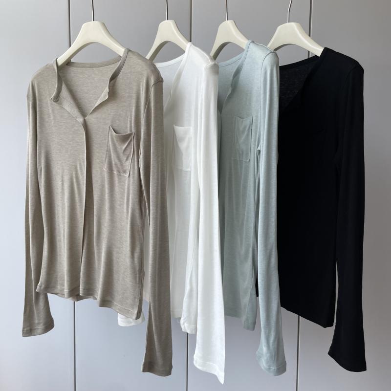 Tシャツ レディース 桑蚕? 再生繊維 混紡 トップス 長袖 無地 ゆったり 快適 Standards 剪刀? プルオーバー 秋 ブラック ホワイト グリーン系(x2)
