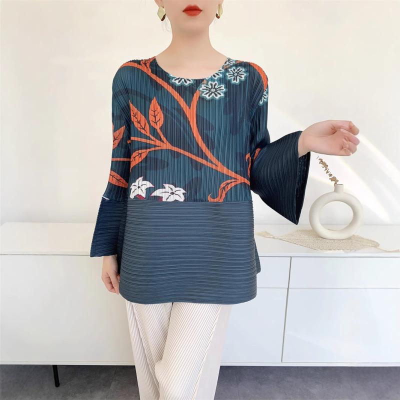 Tシャツ レディース 春夏 三宅風 プリント プリーツ トップス 女性用 快適 カジュアル ゆったり 長袖 ポリエステル 95%以上 ラウンドネック 普段使い 深青 深緑 深紫色(x2)