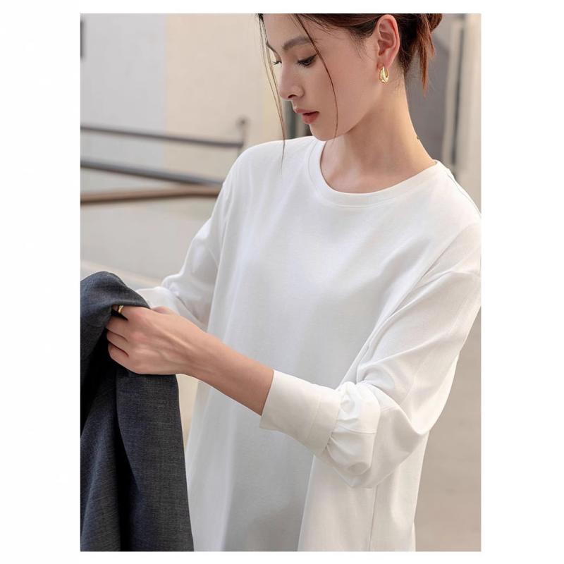 Tシャツ レディース コットン ラウンドネック 無地 長袖 トップス 春 通勤 ゆったり 普段使い 白 黒｜ブリルビ