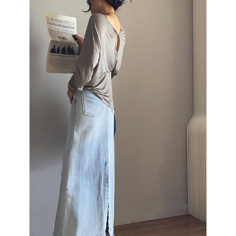 Tシャツ レディース 天竺 長袖 ゆったり トップス 接触冷感 無地 ドロップショルダー カジュアル 深グレー 麻色(x2)|ブリルビ