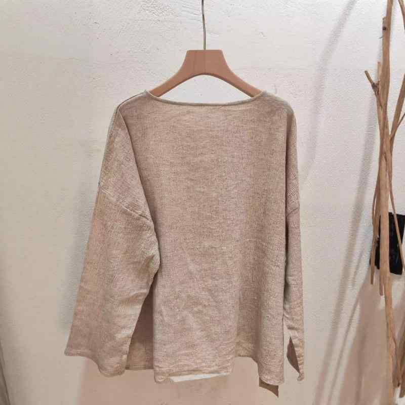 Tシャツ レディース 麻 リネン混紡 無地 ラウンドネック プルオーバー 長袖 トップス ゆったり 普段使い リラックス カジュアル 日韓風 薄手 麻本色 ブラック(x3)