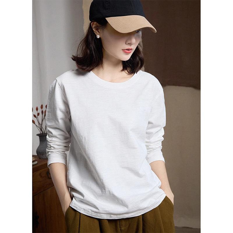 Tシャツ レディース 竹節綿 長袖Tシャツ ラウンドネック トップス カットソー ゆったり 普段使い シンプル カジュアル ブラック ホワイト系