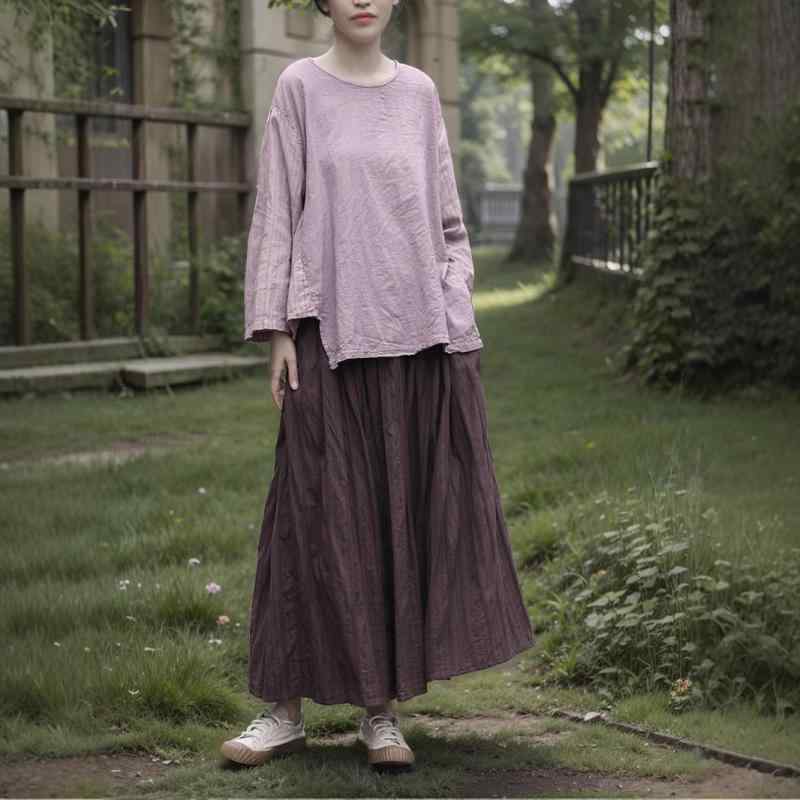 Tシャツ レディース 綿麻 切り替え ゆったり 長袖 トップス 文芸風 レトロ 古着風 パープル系