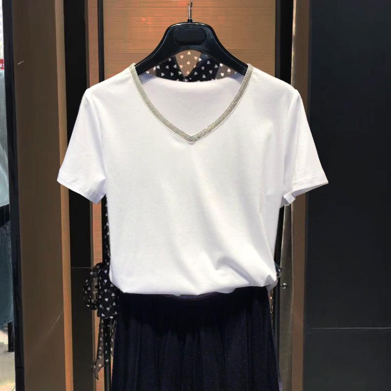 Tシャツ レディース Vネック 半袖 トップス 銀縁 飾りボタン 無地 スリムフィット 通勤 普段使い 白 黒 春夏