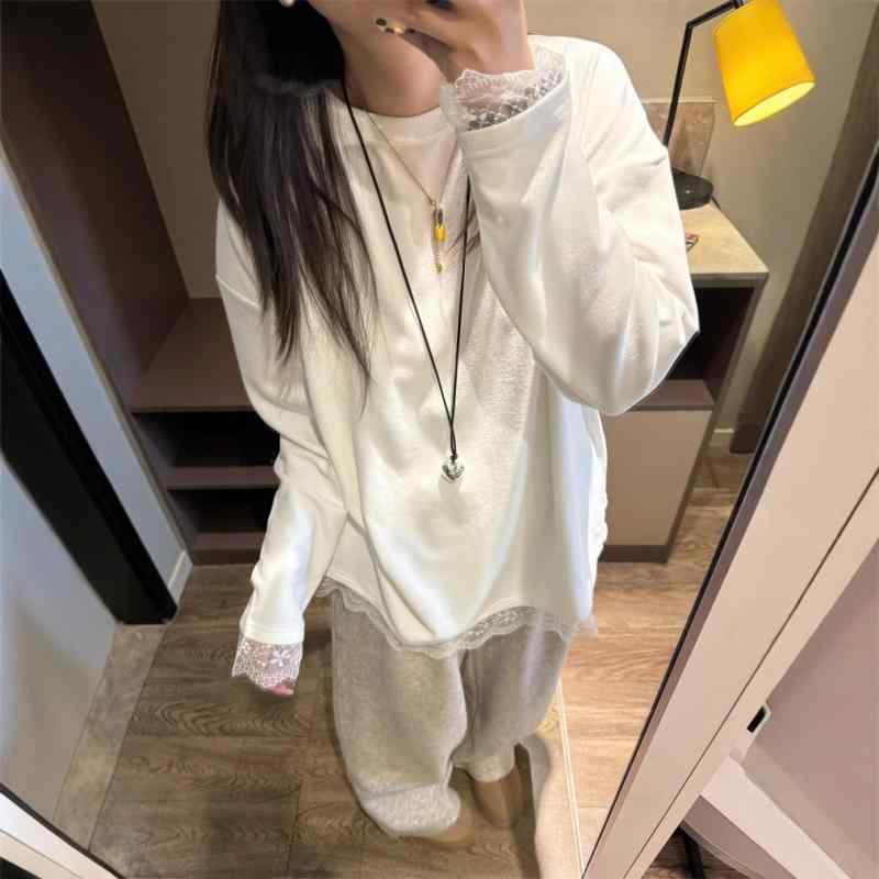 Tシャツ レディース 秋冬 優しい肌触り レース 切り替え トップス 長袖 カットソー コットン混紡 韓国 ゆったり かわいい ホワイト