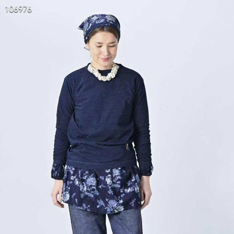 Tシャツ レディース 長袖 刺繍 コットン クルーネック ゆったり デニムブルー 春秋 日系 かわいい カジュアル(x3)