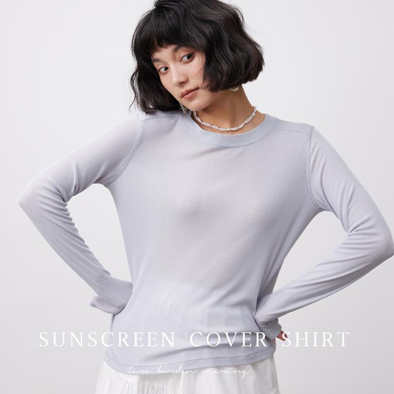 Tシャツ レディース 長袖 薄手 速乾性 通気性 接触冷感 トップス 粘性 レーヨン ポリエステル混紡 ゆったり ラウンドネック カットソー アイスブルー グリーン オフホワイト ブラック(x2)|ブリルビ