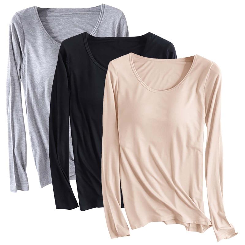 Tシャツ レディース 長袖 カップ付き ブラトップ 一体型 モダール 無地 ルームウェア 部屋着 ヨガ スポーツ インナー 接触冷感 ストレッチ 伸縮性 かわいい