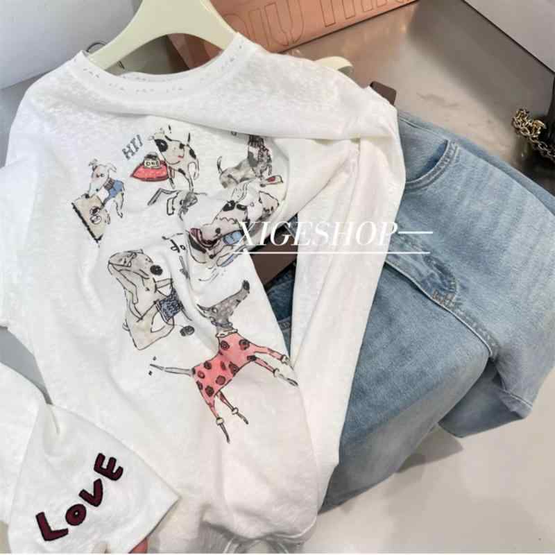 Tシャツ レディース 韓国 犬プリント 長袖 トップス ヘビーウェイト ダメージ加工 ラウンドネック ロゴ刺繍 日焼け防止 ホワイト