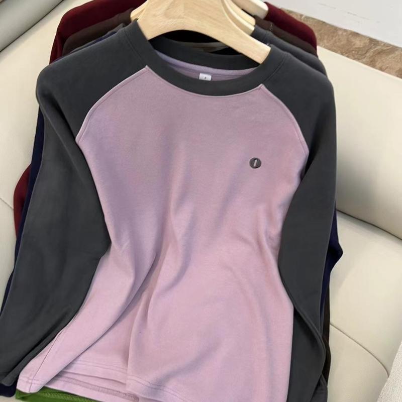 Tシャツ レディース ドイツ風ベロア 厚手 切り替え 長袖 トップス プルオーバー ゆったり ラウンドネック 肩落ち ミディアム丈 紫 青 ベージュ グレー 緑