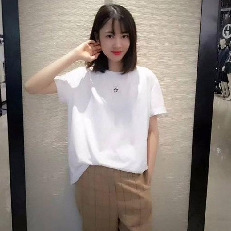 Tシャツ レディース 春夏 星柄 刺繍 コットン ラウンドネック 半袖 ゆったり 白 カットソー トップス