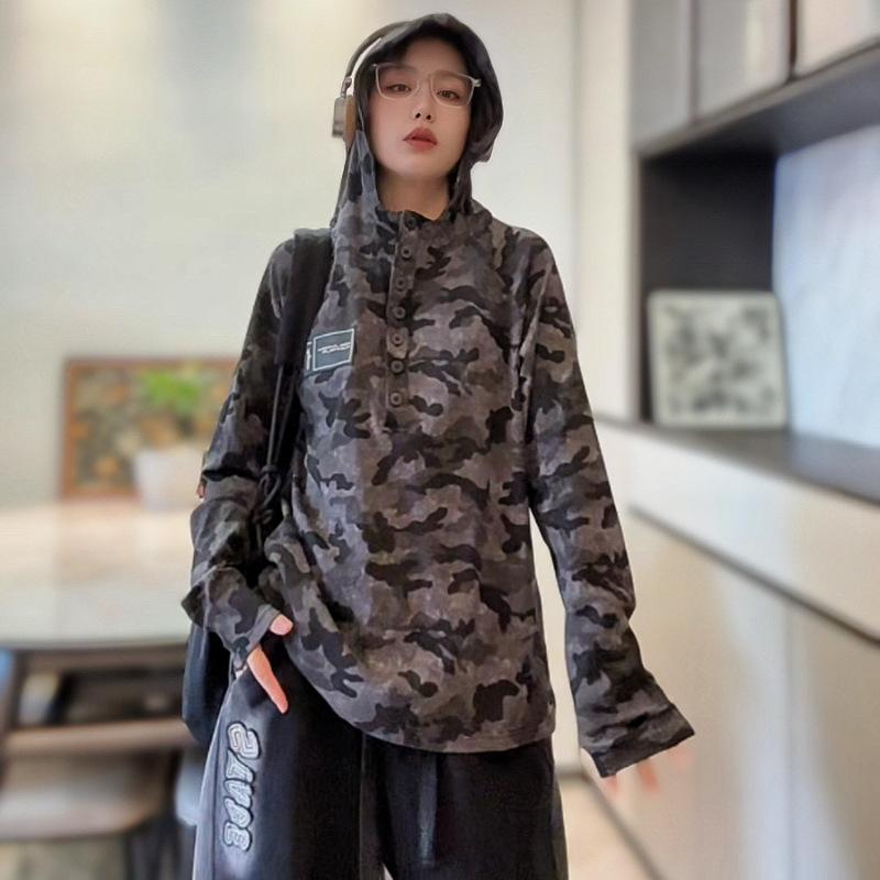 Tシャツ レディース 長袖 迷彩 フード付き プルオーバー トップス ウォッシュ加工 ダメージ加工 ゆったり ストリート アメカジ