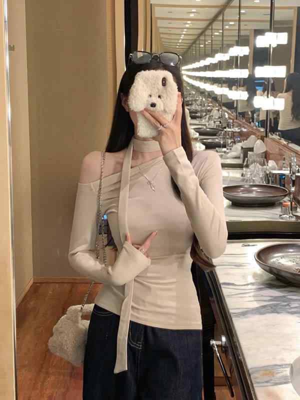Tシャツ レディース 秋冬 長袖 斜め襟 肩出し カットソー チュニック トップス スリム 人棉 グレー系 白系 カーキ系