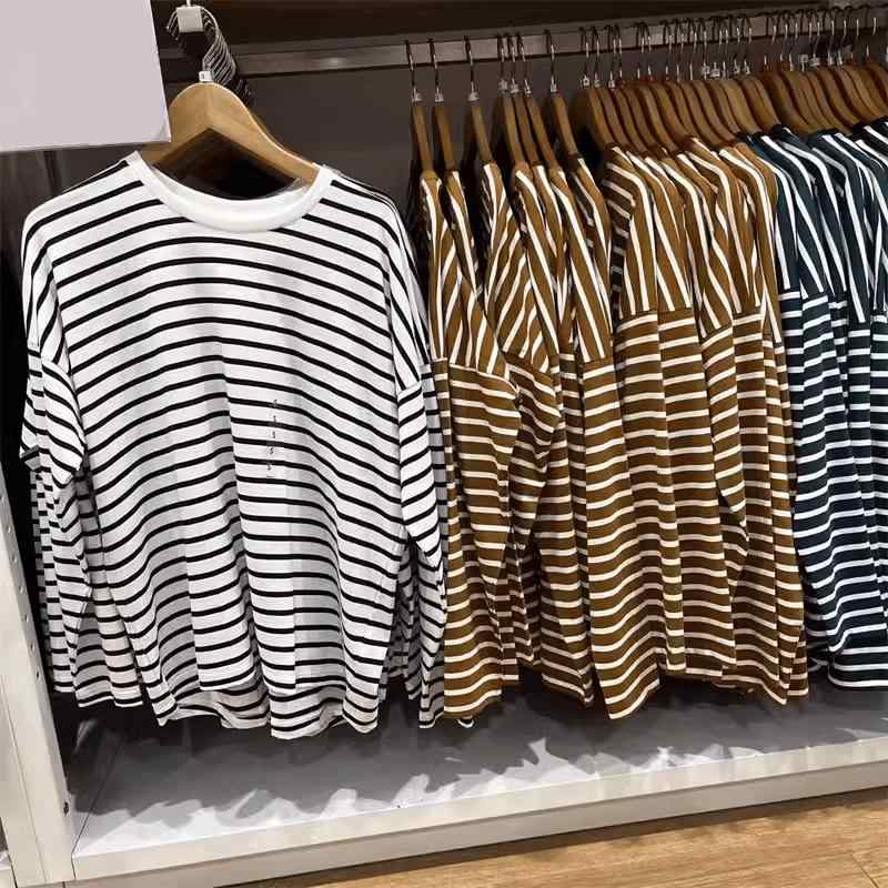 Tシャツ レディース 柔滑コットン 長袖 ボーダー柄 トップス 普段使い リラックス ゆったり ラウンドネック 春夏 秋冬 ホワイト ブラック ベージュ グリーン ネイビー