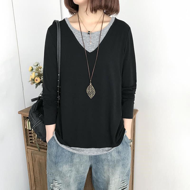 Tシャツ レディース 長袖 韓国 プルオーバー ポリエステル 切り替え ゆったり ラウンドネック 黒 ブラック M L XL XXL 日韓スタイル カジュアル(x5)
