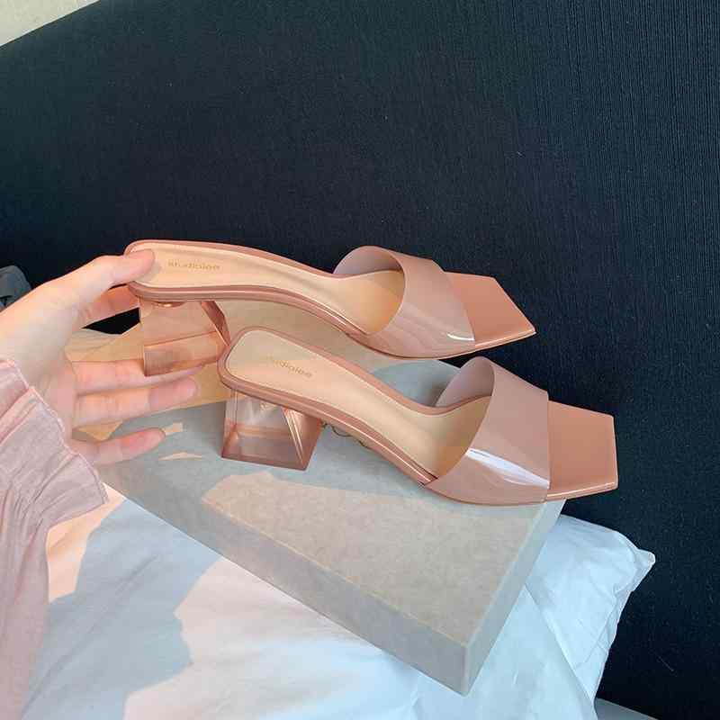サンダル レディース 厚底 スクエアトゥ チャンキーヒール ミュール 6cm PVC ピッグスキン 裸ピンク系 シルバー