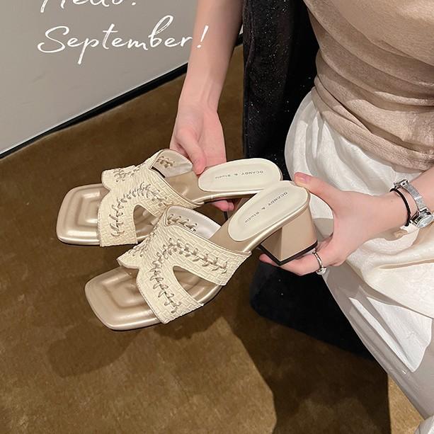サンダル レディース 厚底 ウエッジソール 編み込み 涼しい スリッパ ミュール シャンパン シルバー スクエアトゥ 春夏