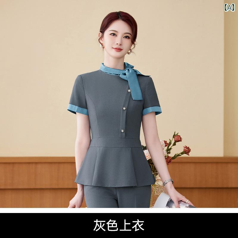 スーツ レディース 半袖 テーラード エレガント ポリエステル 仕事着 制服 フォーマル グレー ブルー系 オフィス 美容
