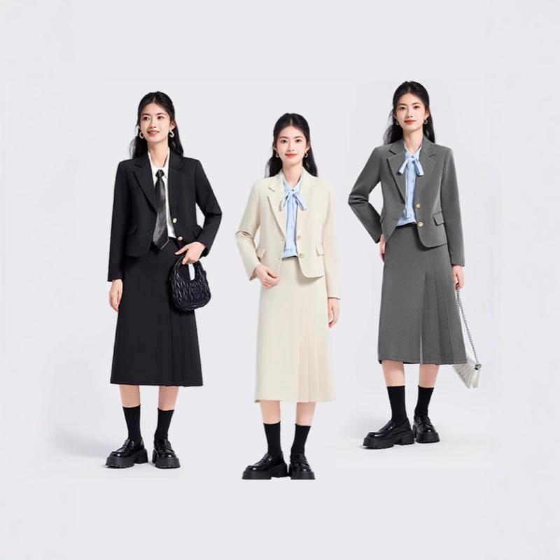 レディース スーツ セットアップ 職業服 スカートスーツ 3点セット ポリエステル XS S M L XL 2XL 3XL グレー ブラック ベージュ 無地 長袖 伸縮性 通勤スタイル