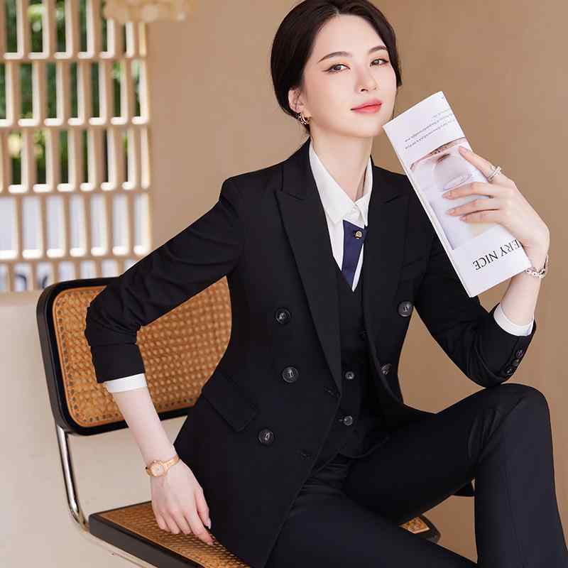 レディースーツ 美容サロン エステサロン 制服 ポリエステル ビスコース混紡 長袖 4点セット スカート パンツ シャツ ベスト ブラック ブルー グレー S M L XL XXL XXXL XXXXL(x2)