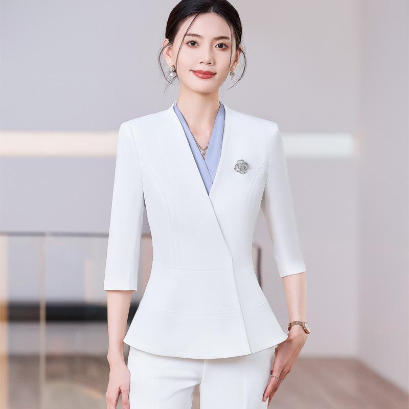スーツ レディース 白色 事務服 スカート パンツ ポリエステル エレガント オフィス フォーマル 5分袖 春夏