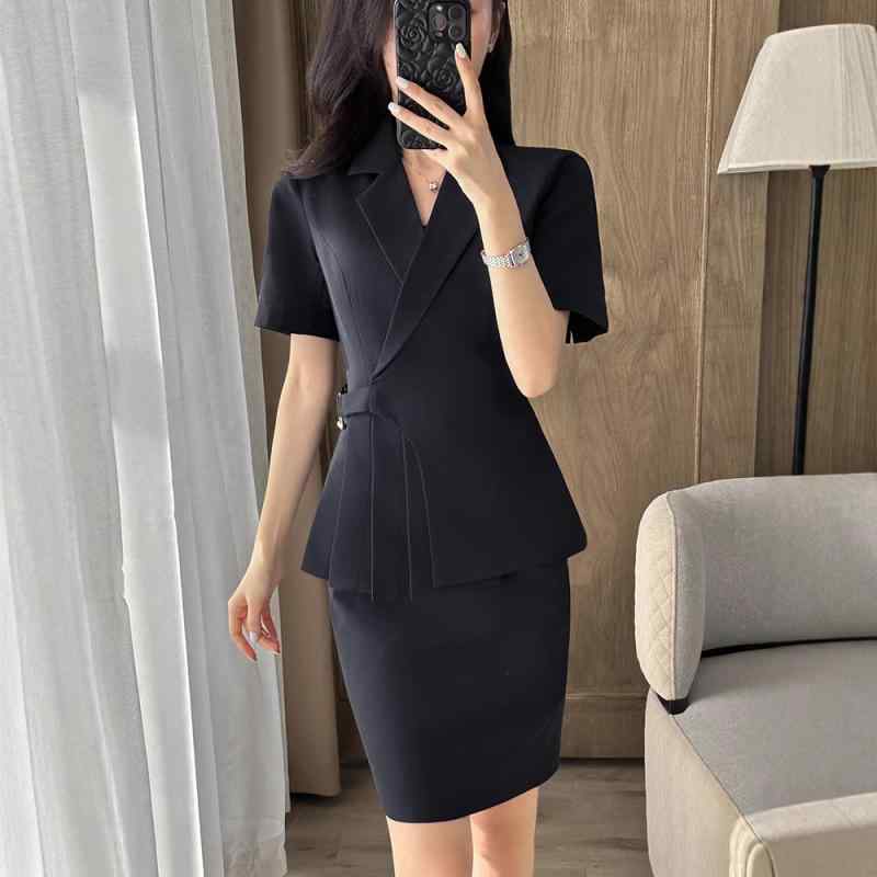 スーツ レディース 半袖 薄手 事務服 グレー系 ポリエステル 3分袖 ジャケット ズボンorスカート セットアップ 仕事着 ホテル 受付 エステ サロン 制服