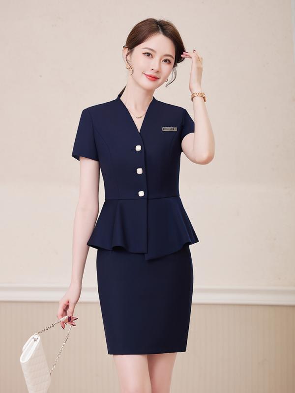 スーツ レディース 半袖 職業 夏スーツ ホテル フロント 受付 マネージャー 制服 ジュエリーショップ 仕事着 ブラック ブルー グレー パンツ スカート S M L XL XXL XXXL XXXXL