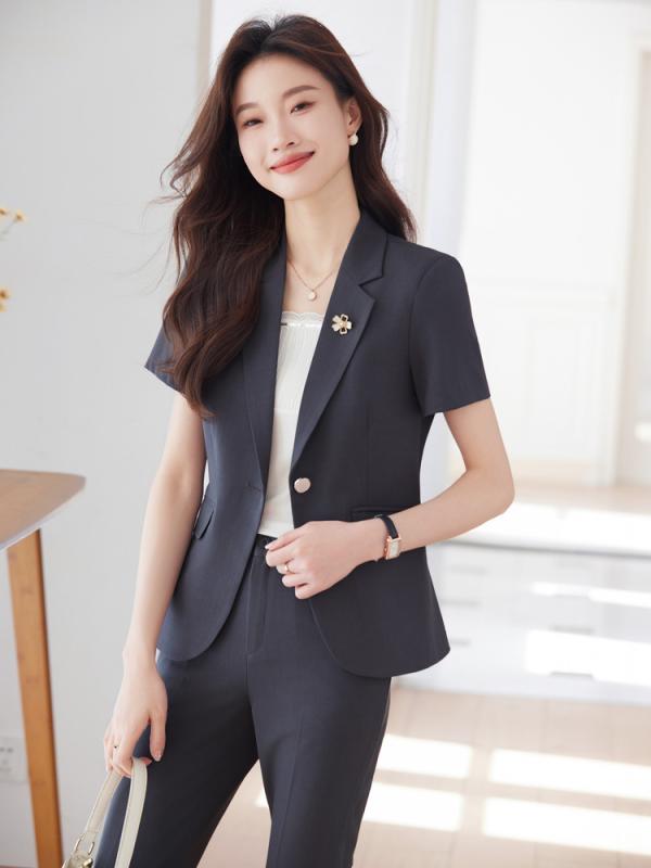スーツ レディース 半袖 事務服 小柄 ポリエステル 正装 オフィス ビジネス ホテル フロント 受付 制服 3点セット パンツ スカート ブルー グレー ブラック