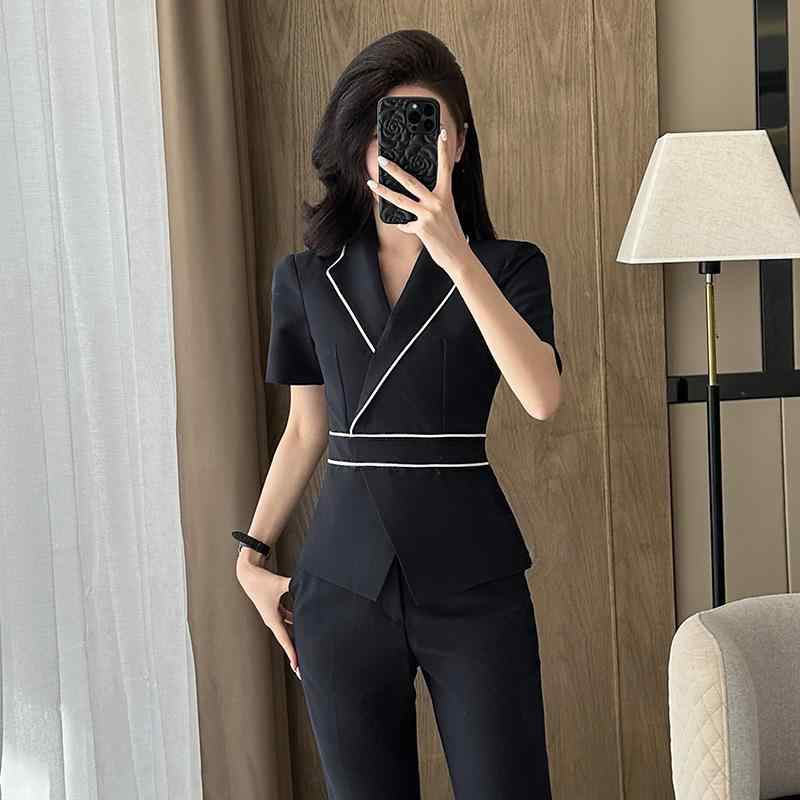 セットアップ レディース 半袖 事務服 商行為 事務所 御役目用 ポリエステル テーパードパンツ スコート 黒 黒いこと 薄墨色 紺 米国海軍 春夏(x2) レディースファッション-その他