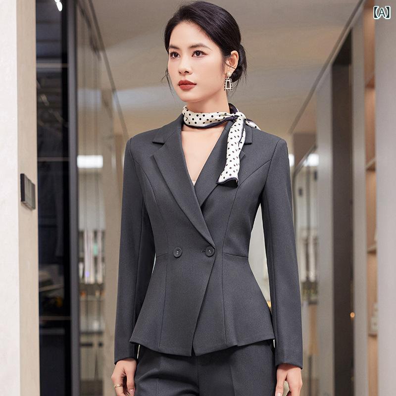 セットアップ レディース 春夏 職業服 パンツスーツ ホテル フロント 受付 制服 事務服 9分丈パンツ グレー 濃紺 ポリエステル
