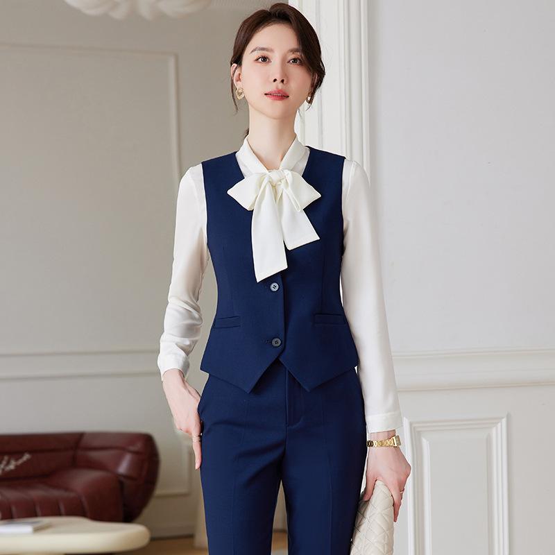 スーツ レディース 秋冬 ホテル フロント 受付 制服 銀行 営業 事務服 ポリエステル 洗える 仕事着 ベスト パンツ 上下セット ブラック 黒 ネイビー 紺 グレー S M L XL 2XL 3XL 4XL(x7)｜ブリルビ