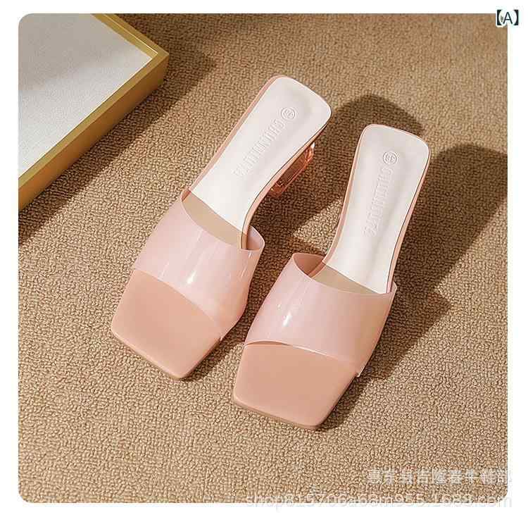 サンダル レディース ピンク系 透明 TPU スクエアトゥ チャンキーヒール 一文字 ミュール ローヒール カジュアル 外履き 普段使い(x2)