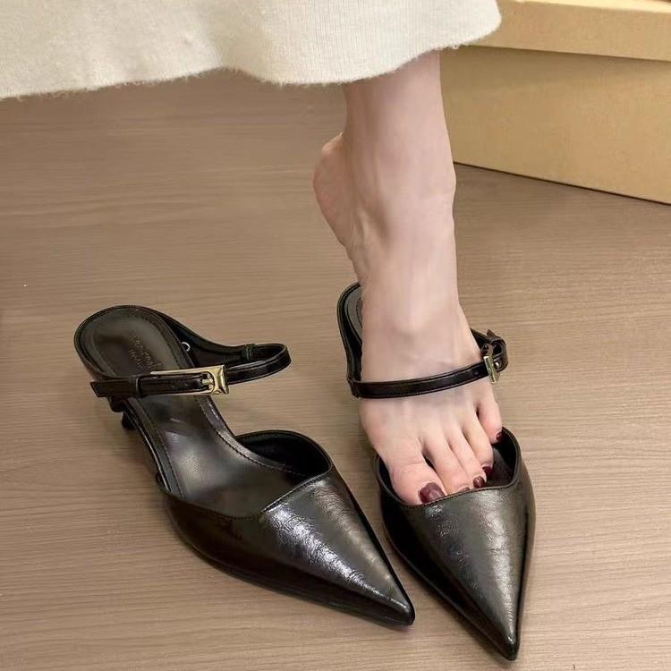 パンプス レディース 土黄色 ブラック グリーン ポインテッドトゥ ミドルヒール スリッパ サンダル ? 婦人靴 ゴム底 2025年 春 通勤