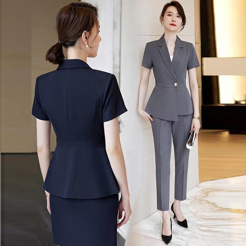 レディース スーツ セットアップ 薄手 半袖 事務服 ホテル 制服 フォーマル ポリエステル 仕事着 オフィスタイル ブラック グレー ネイビー 無地