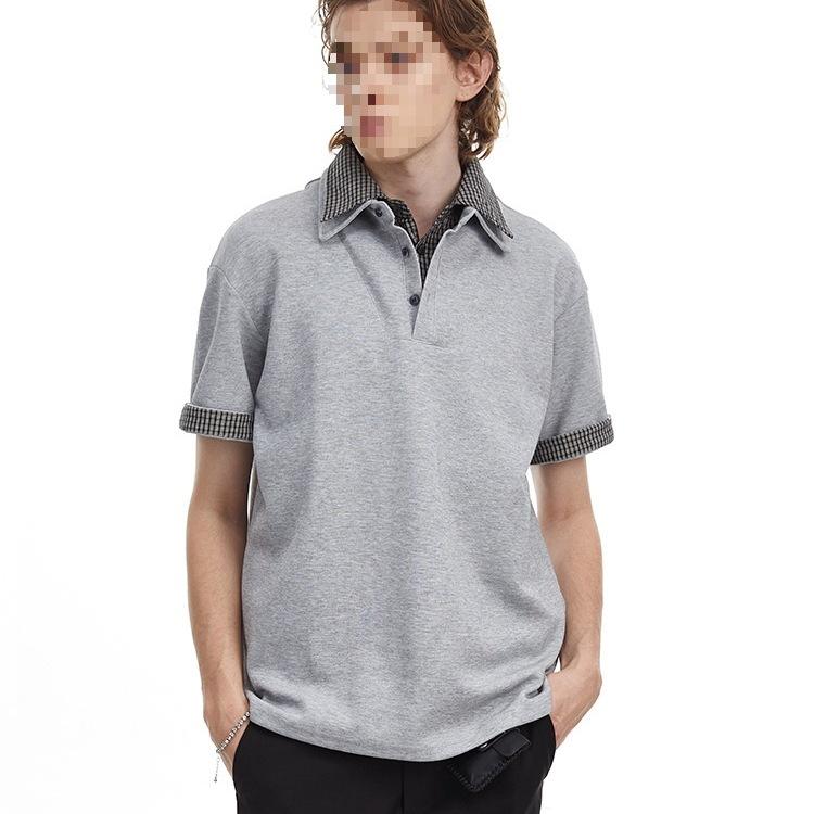 Tシャツ メンズ アメリカン レトロ チェック柄 ダブルレイヤード 襟 半袖 ゆったり トップス 綿 混紡 グレー ブラック 通気性