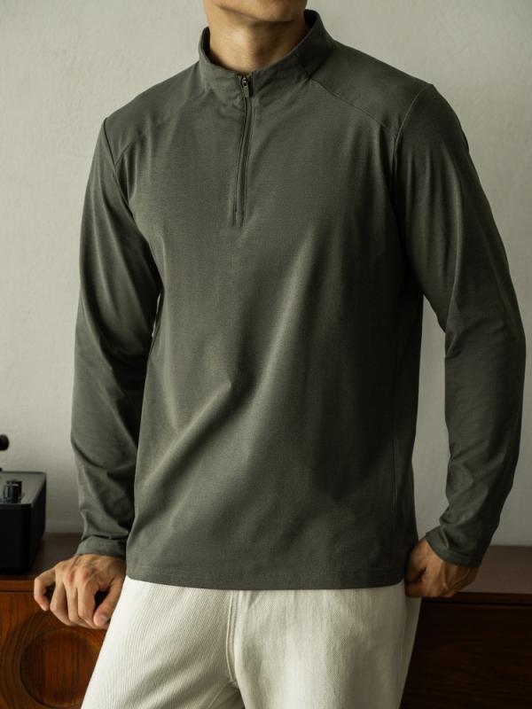 Tシャツ メンズ 男性用 長袖 ハーフジップ 立襟 ポリエステル 吸湿速乾 伸縮性 スポーツ アウトドア トレーニング ウェア 秋冬 桑野緑 白霧灰 黒グレー