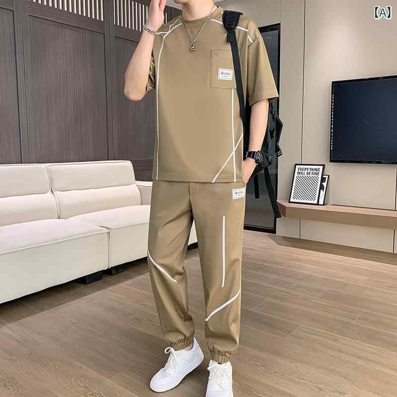 Tシャツ メンズ 男性用 接触冷感 半袖 スポーツウェア カジュアル 薄手 夏物 上下セット 長ズボン ズボン 黒 白 グレー