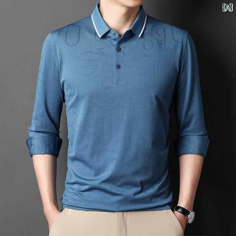 Tシャツ メンズ 男性用 春秋 長袖 レーヨン混紡 襟付き ポロシャツ ゆったり 薄手 通気 幾何学模様 普段使い