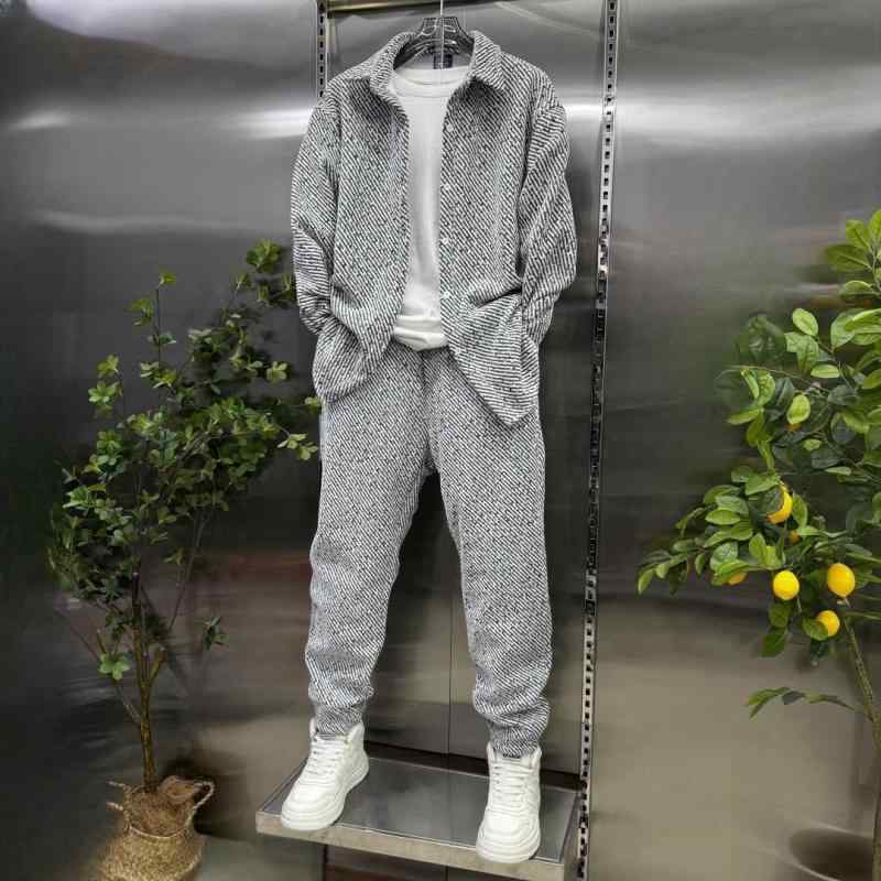 シャツ メンズ 春秋用 2点セット シェニール 襟付き トップス 長ズボン セットアップ 男性用 普段使い 部屋着