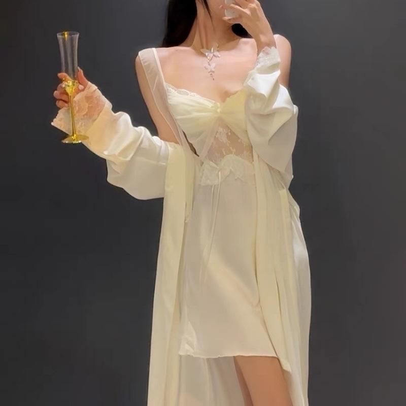 キャミソール ワンピース レディース 接触冷感 セクシー ランジェリー レース 春夏 2点セット 部屋着 ルームウェア 薄手 膝丈 ノースリーブ Vネック 抜け感 リラックス ゆったり かわいい ・垢白 浅? 紫色