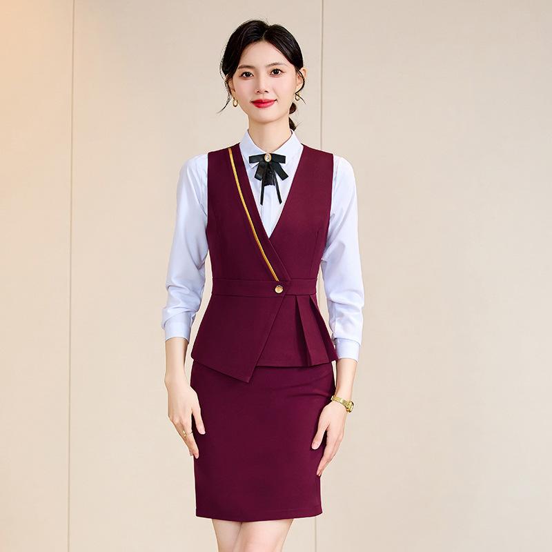 制服 レディース ホテル フロント 受付 フォーマル スーツ スカート パンツ ベスト 事務服 ポリエステル 上下セット OL 通勤 オフィス エレガント(x2)