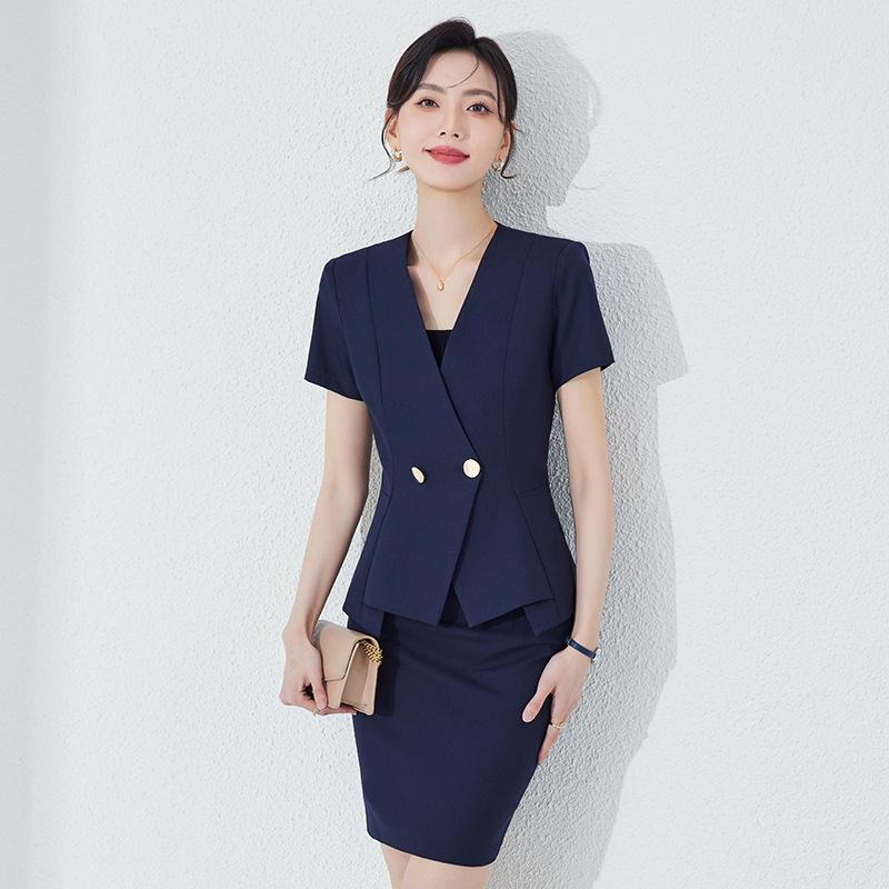 セットアップ レディース 半袖 スーツ スカート フォーマル ホテル 制服 作業着 オフィス ビジネス スカートスーツ ポリエステル 粘・屬?? 春夏 ブラック ネイビー グレー(x2)｜ブリルビ