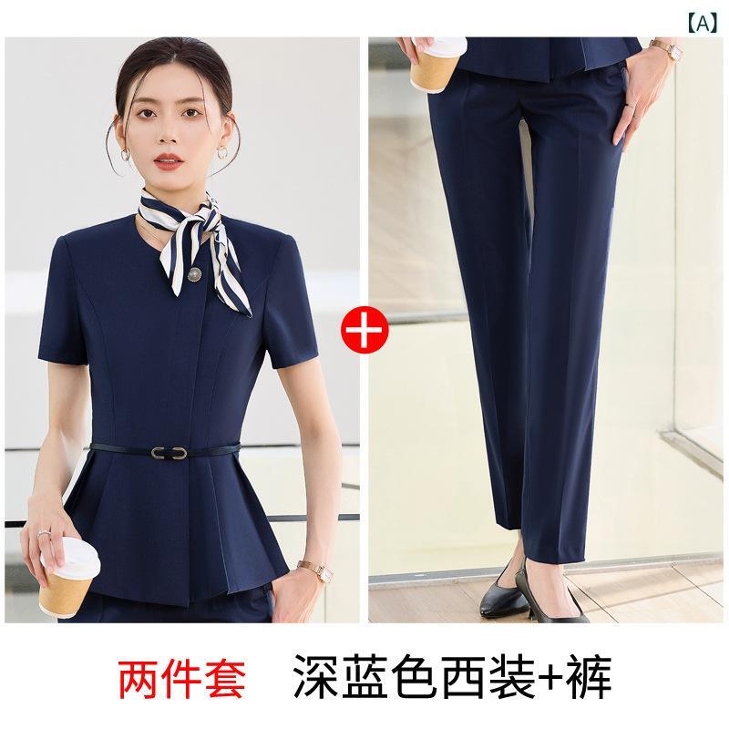 豪華 半袖 職業 スーツ 女性 夏 ホテル フロント 工 装 セット 宝石 店 美容院 作業服(x2)