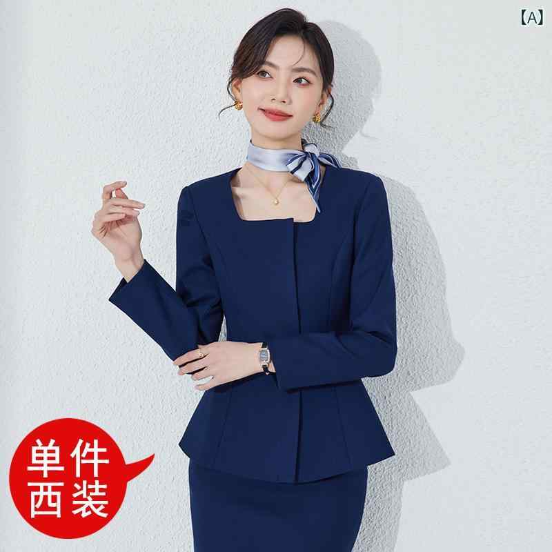 青い スーツの スーツの 女性 春秋 ホテルの マネージャーの 美容院の 工 装の 長袖の 職業 職業の 作業服(x2)｜ブリルビ