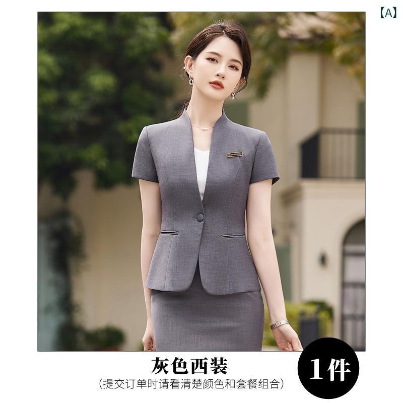 グレー 半袖 スーツ スーツ 女性 夏 襟なし 職業 女神 范 珠 宝 店 ホテル フロント 作業服