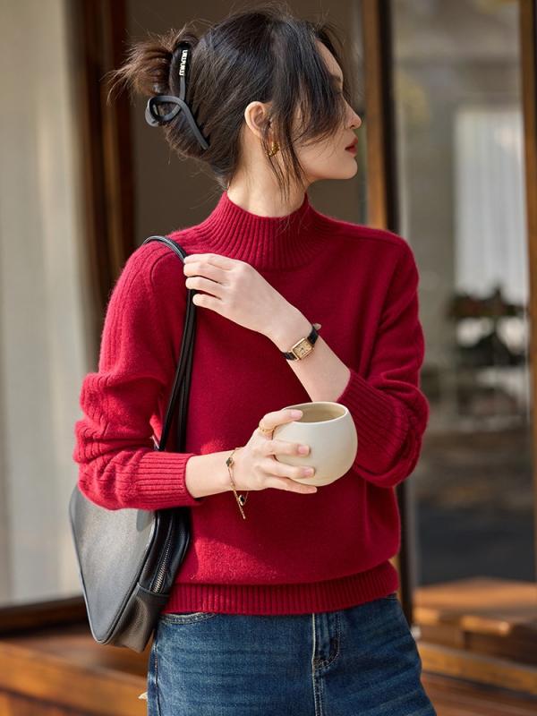 ニット レディース ハイネック プルオーバー 厚手 馬鞍肩 長袖 トップス ゆったり 秋冬 春 妃紅色 ?白 中グレー 茶褐色