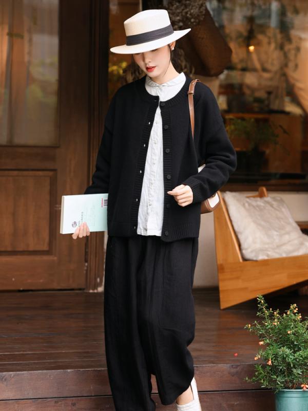 編み物 レディース 秋冬 レトロ 花柄 黒いこと 黒 全毛糸 ジレー トップス ラウンドのど首 落っこちる肩部 生あたたかい 防寒 あったか(x2)